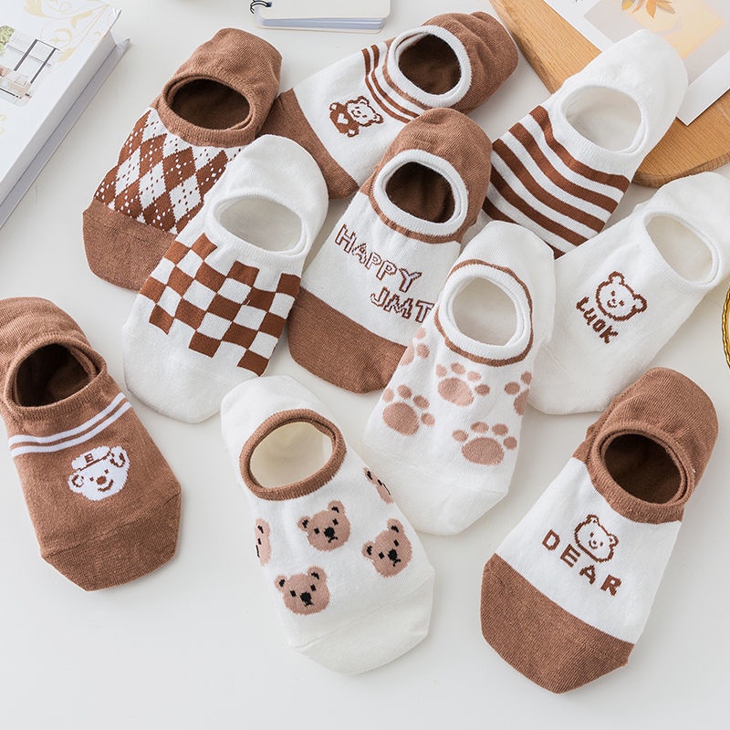 Vớ Thuyền Cổ Thấp Vô Hình Chống Trượt Tàng Hình Màu Cà Phê Phong Cách Nhật Bản Dễ Thương Cho Nữ