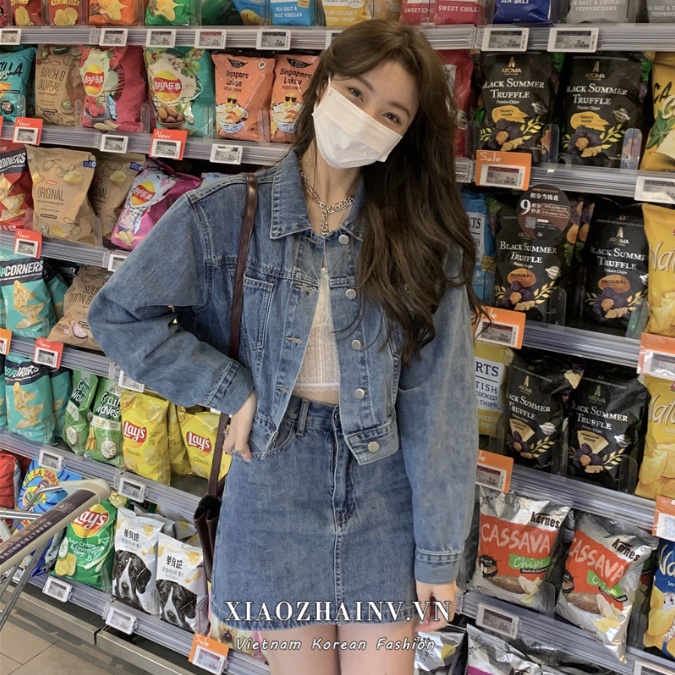 Bộ áo khoác denim dáng rộng + chân váy chữ A mini thời trang Hàn Quốc cổ điển sang trọng cho nữ (có bán lẻ) Xiaozhainv