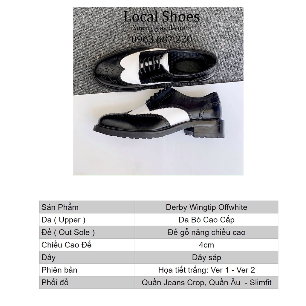 Giày Derby nam Black White da bò đế phíp gỗ, Giày da buộc dây