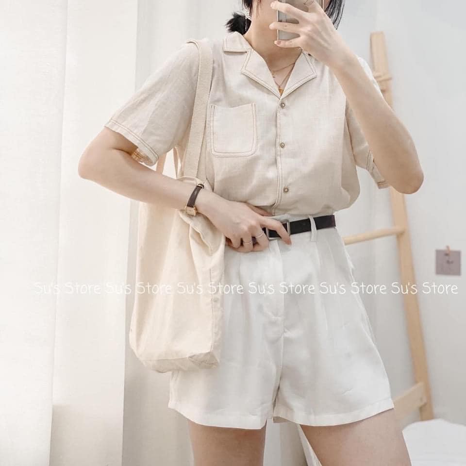 Áo sơ mi nữ cộc tay cổ vest size 2 S M màu be trắng chất đũi siêu mát mặc cực xinh xắn mặc mùa hè siêu đỉnh | BigBuy360 - bigbuy360.vn