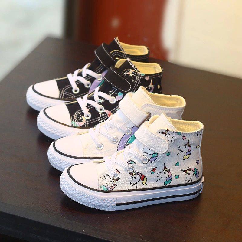 Giày vải canvas cổ cao in hình kỳ lân thời trang cho bé gái 2021