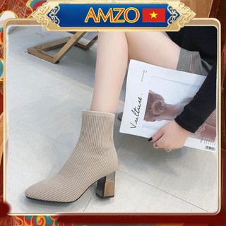 Boots Nữ, Giày Boot Nữ Cao Cổ Gót Vuông 6 Cm Chất Len Êm Hot Trend Cao Cấp  Minhtushoes Hai Màu Đen-Kem Bảo Hành 12 Thán