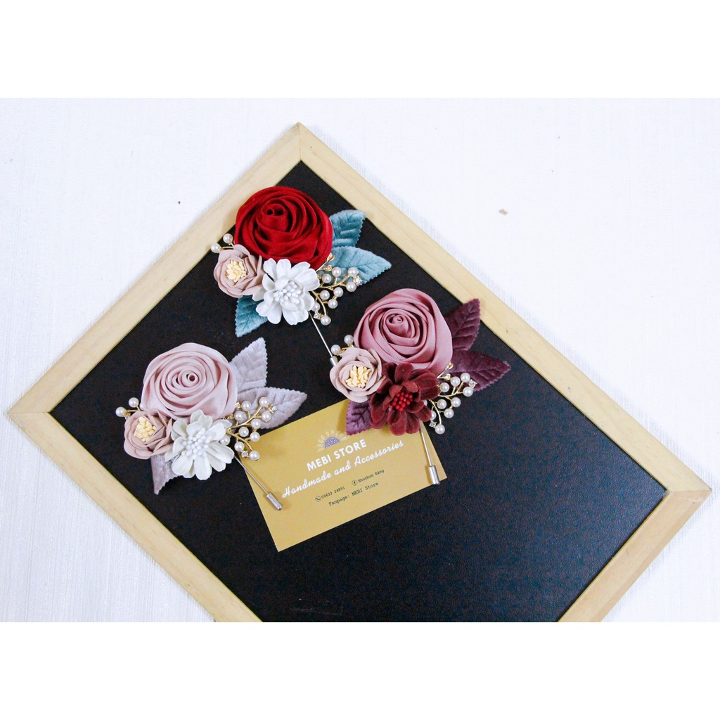 Hoa cài áo handmamde MEBI Store hoa hồng cuộn chùm mix cành trai chùm  13 màu siêu xinh