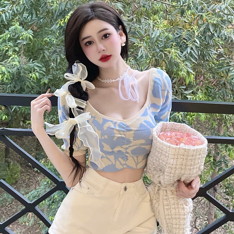 Áo Croptop Dệt Kim Cổ Chữ V Thiết Kế Xếp Ly Thời Trang Mùa Hè Quyến Rũ Cho Nữ