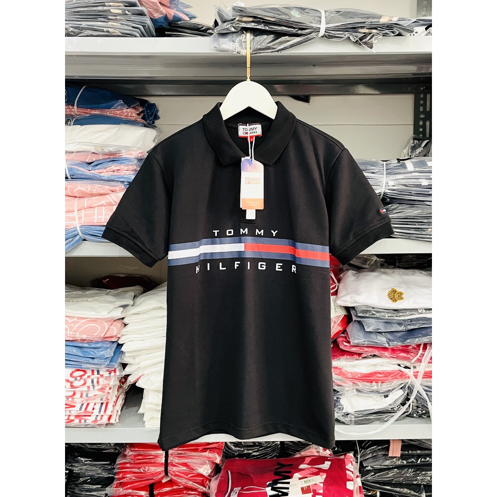 [HÌNH THẬT] ÁO THUN CỔ TRỤ TOMMY ĐEN CHỮ VNXK   - COTTON CÁ SẤU 100%