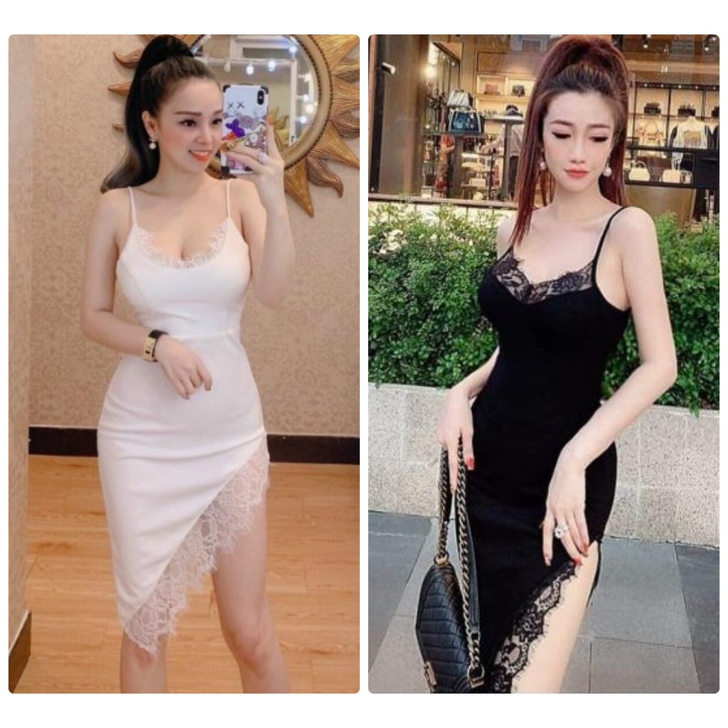 Đầm body 2 dây xẻ tà phối ren ngực sexy