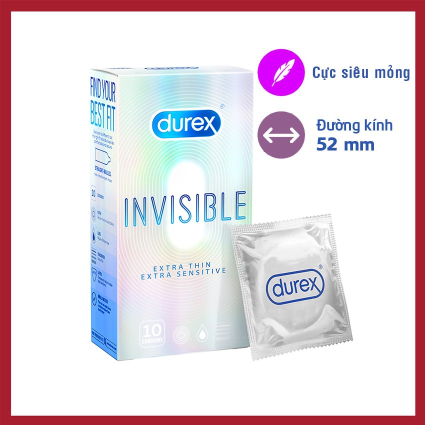 Bao Cao Su Durex Invisible Extra Thin Siêu Mỏng Chính Hãng 10 Cái - Cảm Giác Chân Thật Như Không Đeo