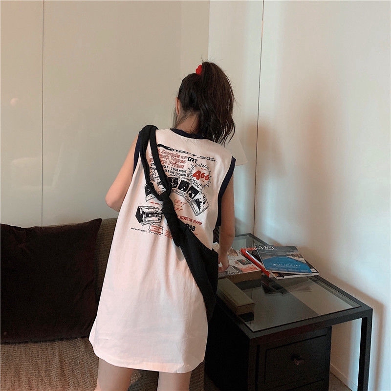 Áo thun dáng rộng dài không tay phong cách thể thao in họa tiết cho nam và nữ