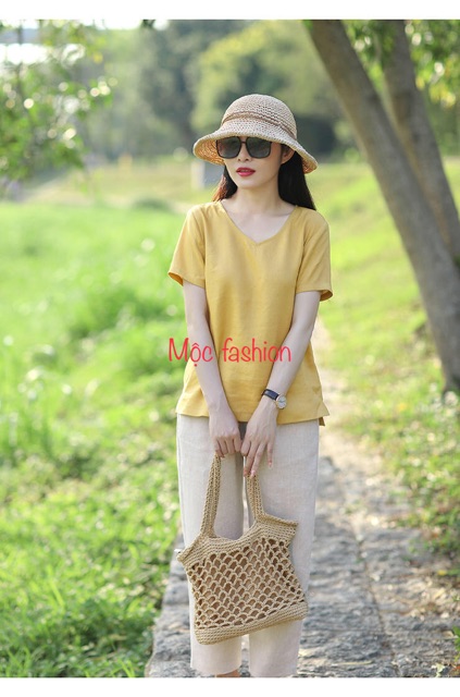 Bộ linen áo cổ tim tay ngắn quần ống bé đủ size S đến XL 44-63kg