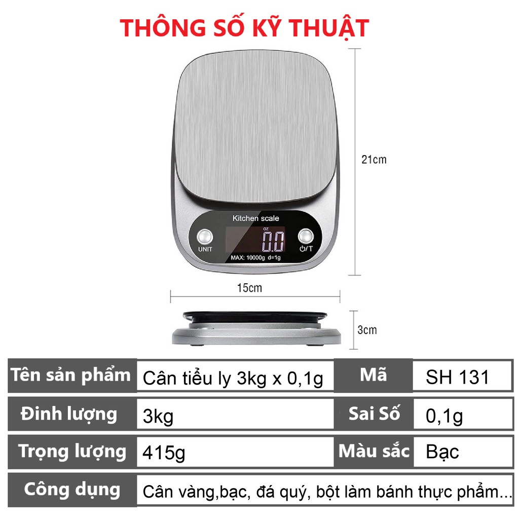 Cân tiểu ly điện tử nhà bếp mini làm bánh Cân tiểu li SH131 định lượng 3kg x 0,1g nhỏ gọn siêu chính xác  Tặng kèm pin