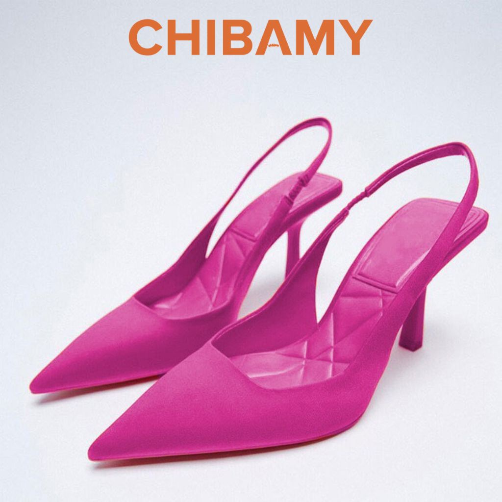 Giày cao gót nữ cao cấp CHIBAMY mũi nhọn cao 9cm chất Satin lụa mã H02