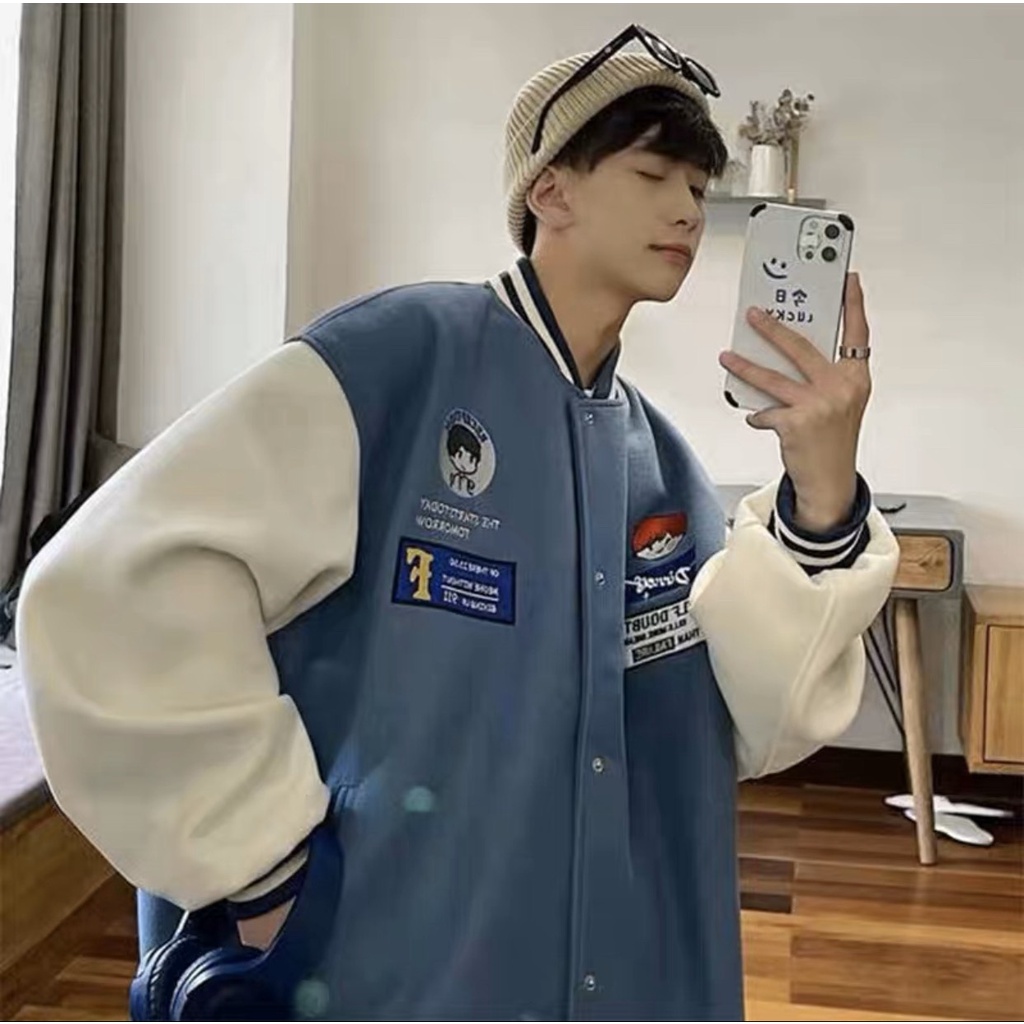 Áo Khoác Bomber Nỉ Form Rộng Unisex ⚡ 𝐅𝐫𝐞𝐞𝐬𝐡𝐢𝐩 ⚡ Áo Bomber bóng chày thêu hình cậu bé phối tay trắng 2 màu đen trắng