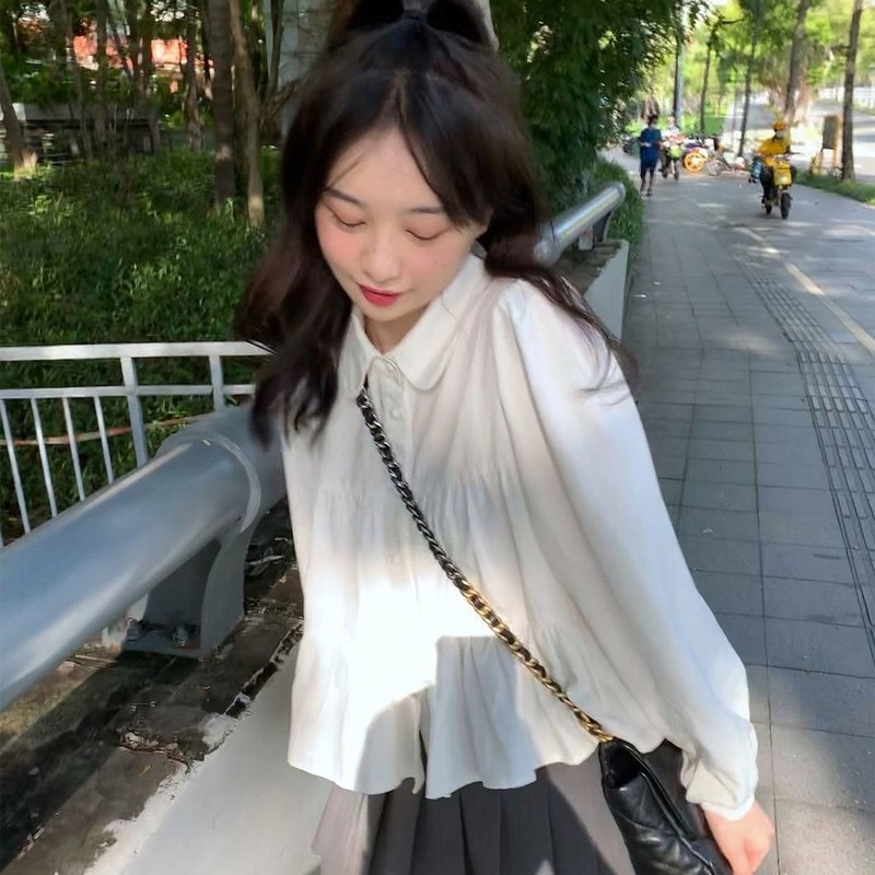 Áo Sơ Mi Cổ Búp Bê Màu Trắng Dễ Thương Phong Cách Nhật Bản