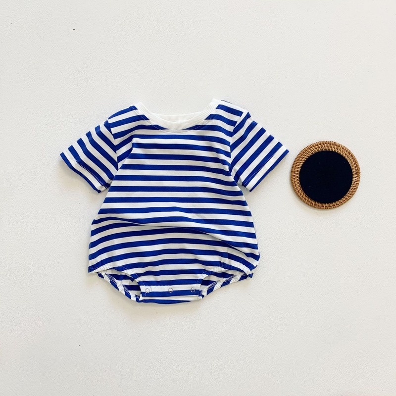 Bộ Áo Liền Quần Ngắn Tay Họa Tiết Kẻ Sọc Thời Trang Mùa Hè Cho Trẻ Sơ Sinh