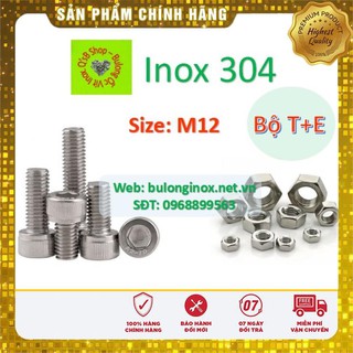 Bulong lục giác chìm đầu trụ size M12  inox bộ Thân + Ecu (Bộ TE) , ốc đầu trụ , ốc lục lăng đầu trụ inox, inox 304