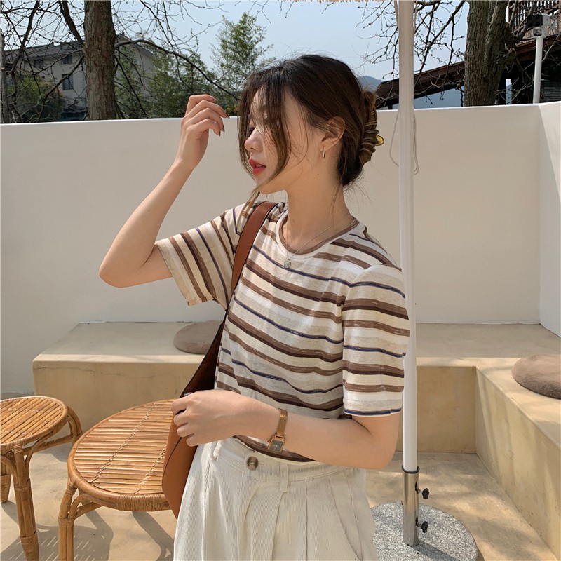 Áo Thun Nữ Tay Ngắn Kẻ Sọc Ngang Màu Sắc Trẻ Trung Thời Trang