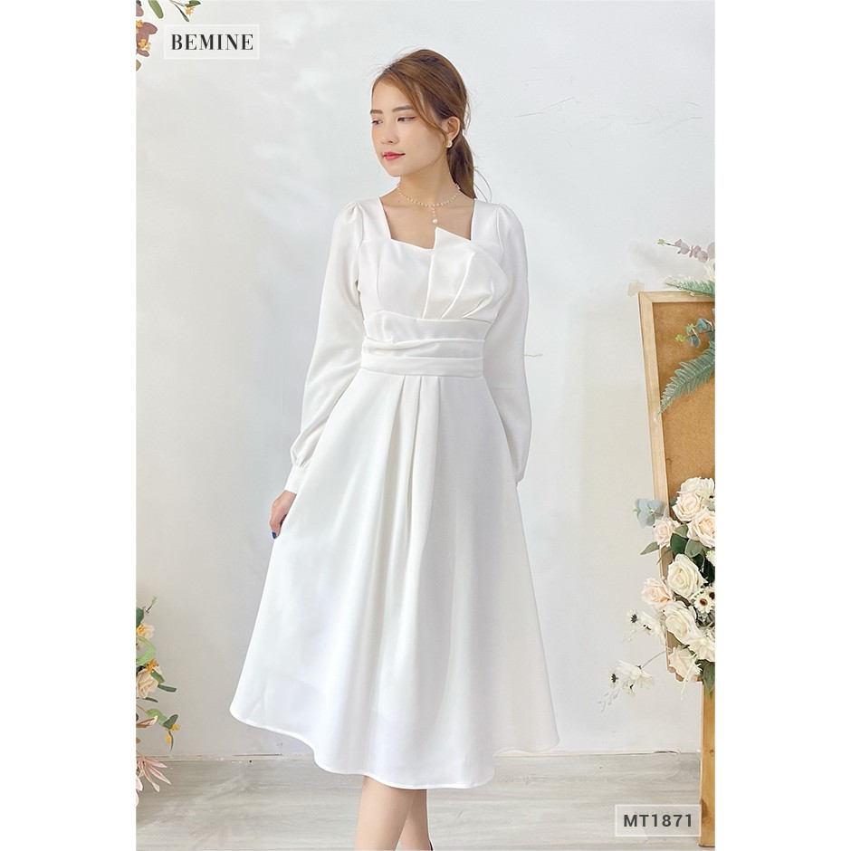 Đầm cổ vuông tay dài xếp ly tầng eo BEMINE MT1871TRANG | BigBuy360 - bigbuy360.vn
