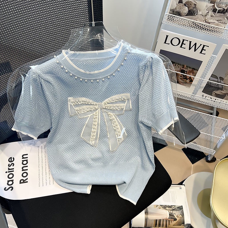 Áo Dệt Kim Tay Ngắn Mỏng Đính Nơ Hạt Thời Trang Mùa Hè Cho Nữ