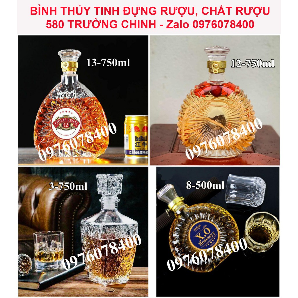 COMBO 4 Vỏ Bình Thủy Tinh Đựng Rượu 500ml, 750ml, Bình XO, Bình Pha Lê Đẹp Nhất, CTT-03,08,12,13