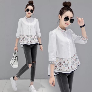 Áo sơ mi cổ tàu viền thổ cẩm