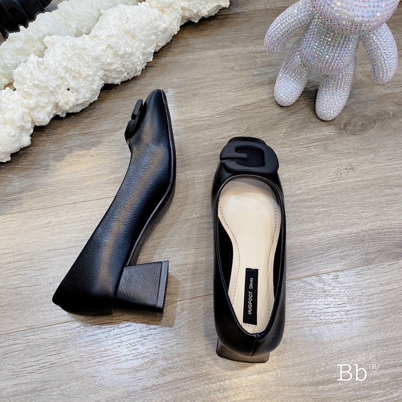 Giầy gót trụ 5 cm khoá chữ G da lỳ + da lộn