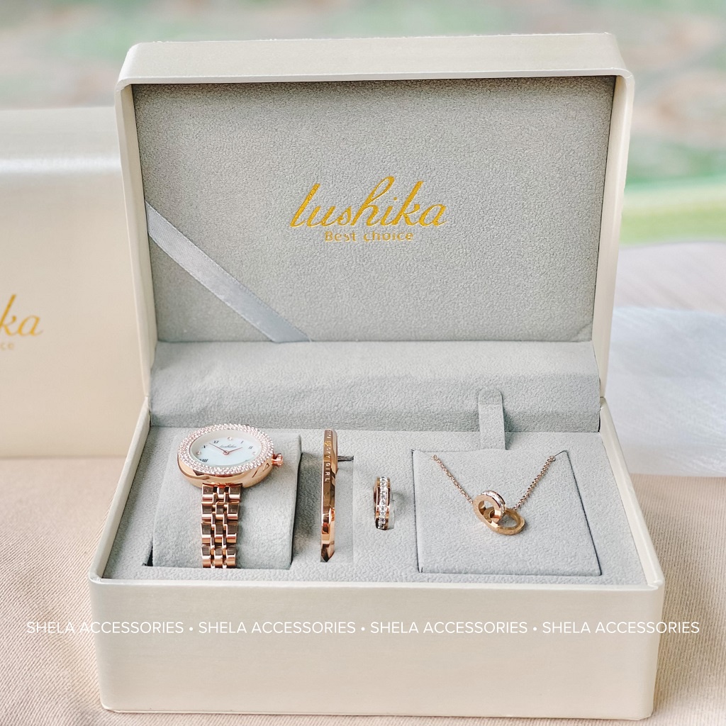 Đồng hồ nữ chính hãng dây kim loại LUSHIKA set 4 món đính đá sang chảnh màu vàng hồng LK01
