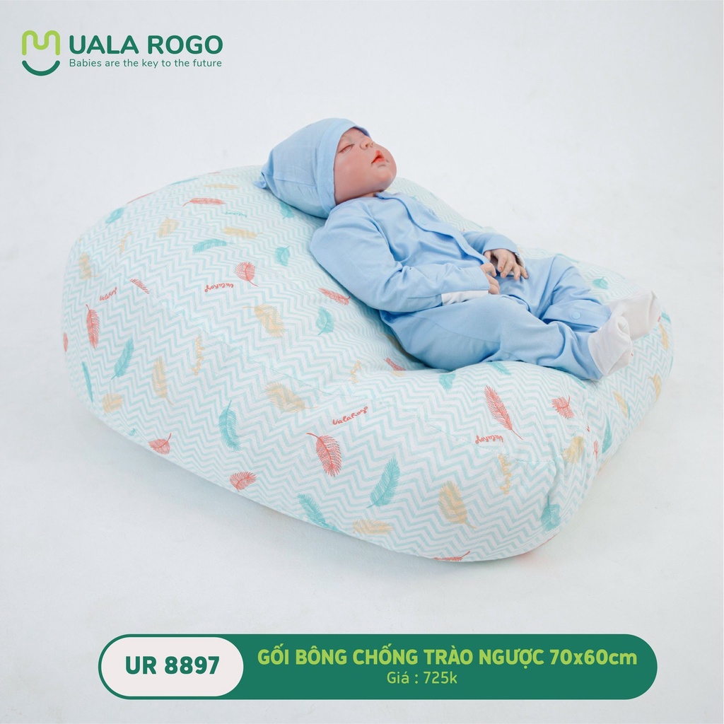 Gối chống trào ngược Uala rogo cho trẻ sơ sinh 70x60cm êm ái ruột bông vi sinh vỏ cotton 8897 8912