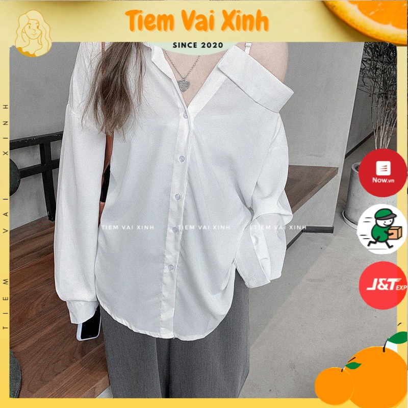 Áo Sơ Mi Nữ 🍊[Tiệm Vải Xinh]🍊 Sơ Mi Lụa Nữ Trắng, Bơ, Đen Dài Tay Kiểu Trễ Vai Một Dây Dáng Rộng - Hàng Quảng Châu SM003