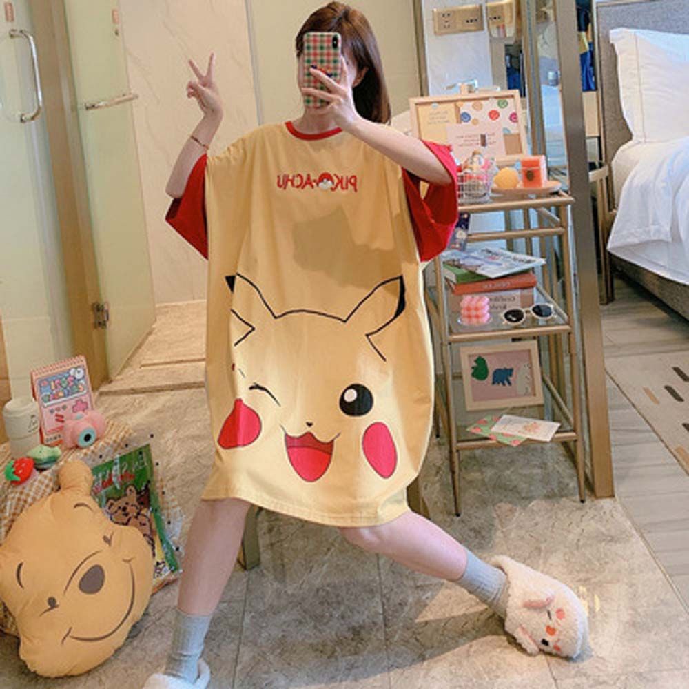 Đầm Ngủ Dáng Rộng In Họa Tiết Hoạt Hình Phong Cách Hàn Quốc Thời Trang Mùa Hè Cho Nữ