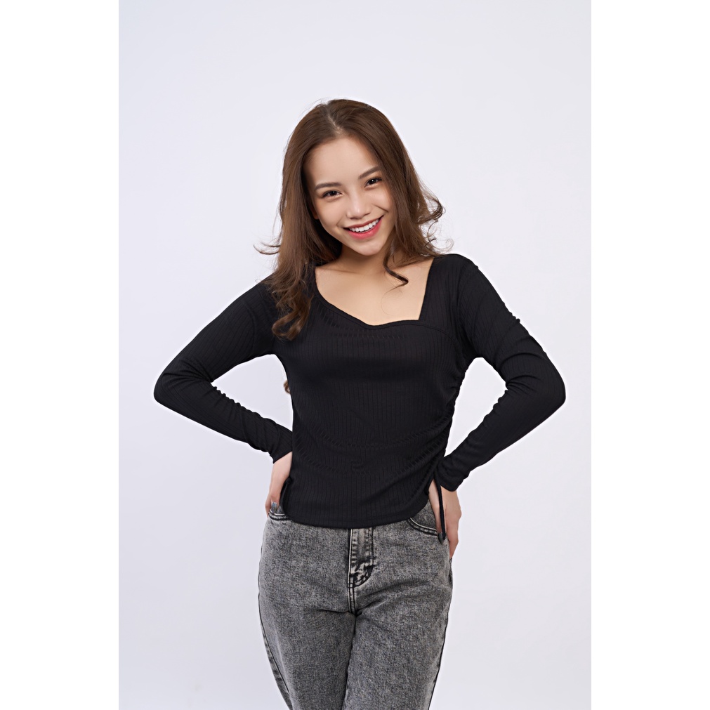 Áo thun nữ YODY dài tay cổ lệch rút sườn nịnh dáng ATN4340