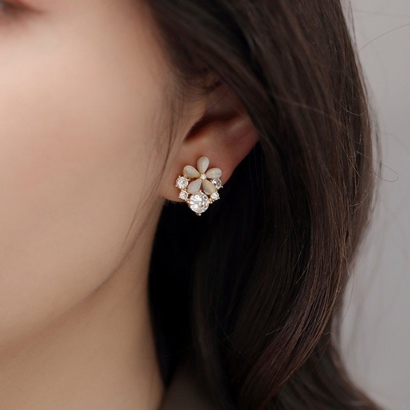 Bông Tai Mạ Bạc 925 Hình Hoa Đính Đá Opal Đơn Giản Cho Nữ