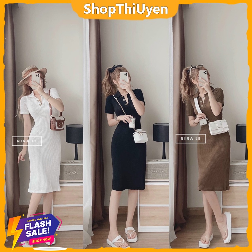 Đầm ôm body chất vải xốp kim cương cổ áo kiểu polo tay ngắn