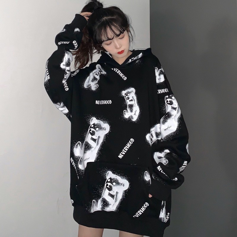 Áo Hoodie Nỉ Gấu NEVERHOOD 🦋 Áo Nỉ Ngoại Túi Trước In Hình Dáng Rộng 3 Màu 🦋