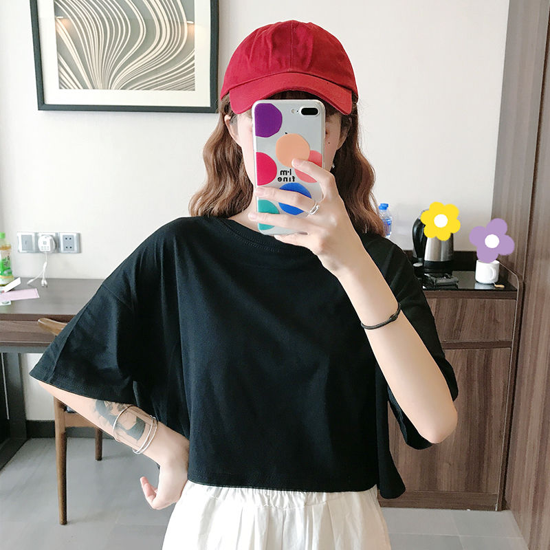 Áo croptop ngắn tay dáng rộng màu trơn xinh xắn cho nữ