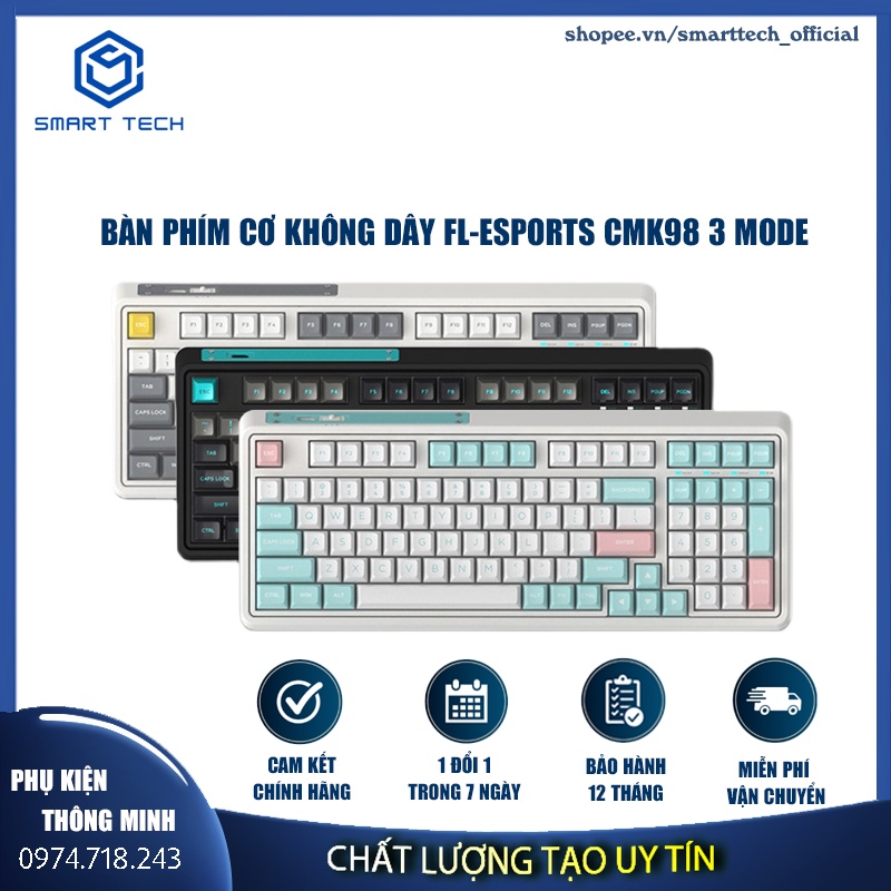 Bàn phím cơ FL-Esports CMK98 Metal Heart / Quiet grey - 3 Mode (Type-C / Bluetooth / 2.4G)