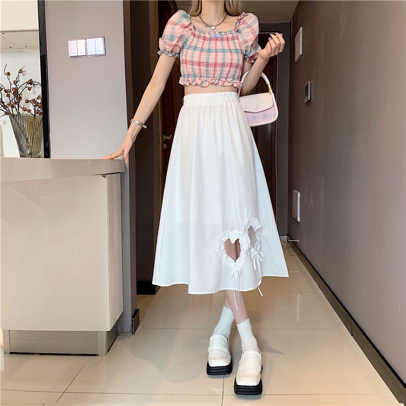 Chân Váy Chữ a Lưng Cao Dáng Ôm Họa Tiết Nơ/ Trái Tim Màu Trắng Thời Trang Xinh Xắn Cho Nữ