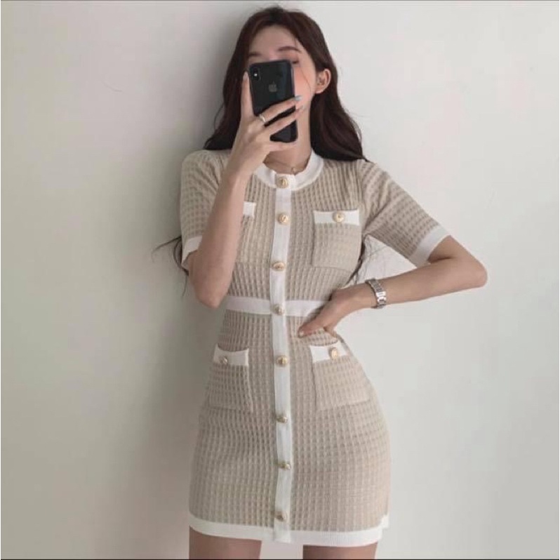 Đầm body kiểu nữ tay ngắn len gân có túi cổ tròn viền trắng - Order taobao quảng châu