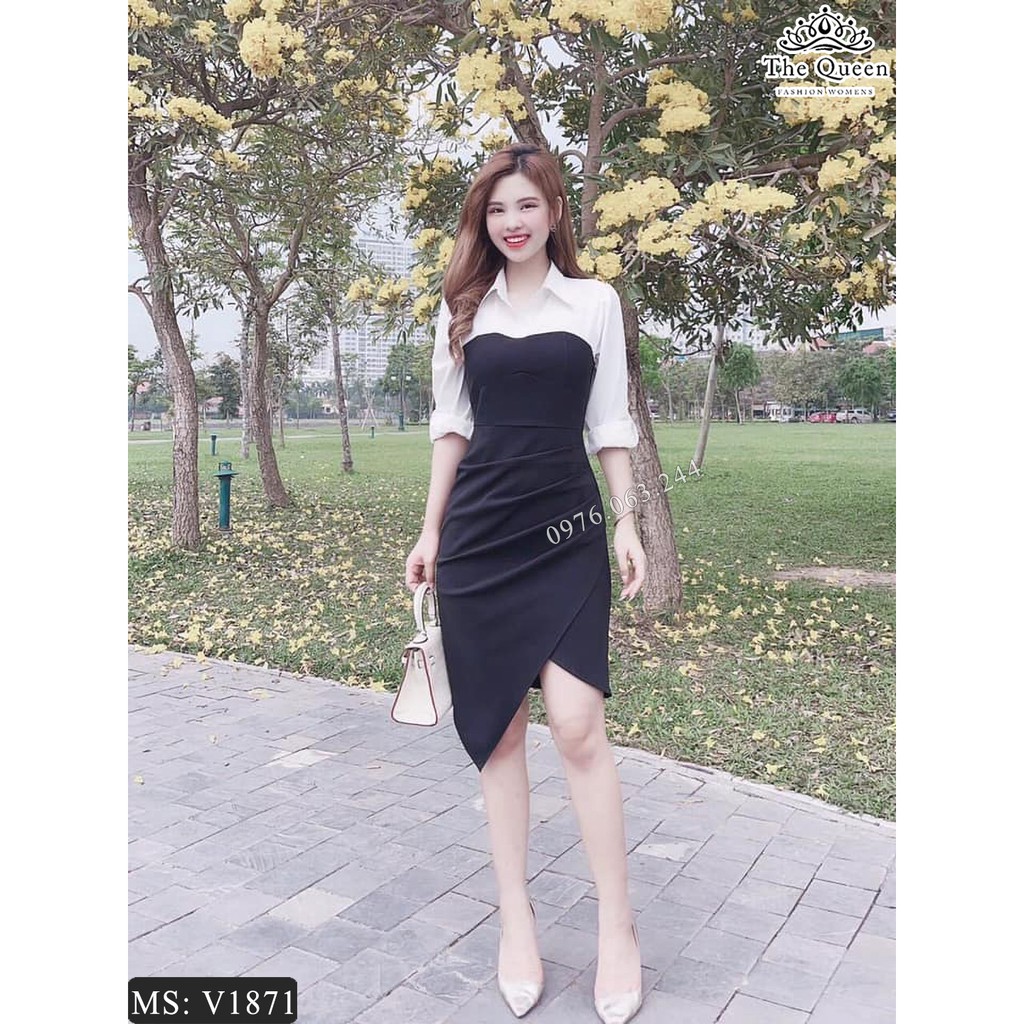 Váy body đen dự tiệc cổ sơ mi V1871 tay trắng vạt chéo (Video quay bởi THE QUEEN FASHION)