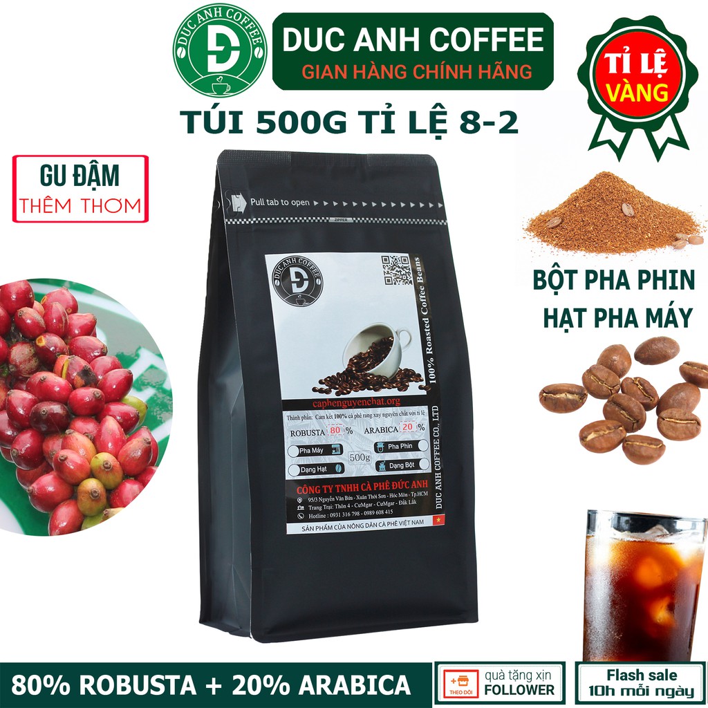 Cà Phê Nguyên Chất D82 (80% Robusta+20% Arabica) Rang Mộc Pha Phin, Pha Máy Tỉ Lệ 8-2 Từ Công Ty Cà Phê Đức Anh