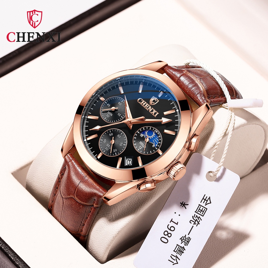 Đồng Hồ Thể Thao CHENXI 905A Ba Mắt Đa Chức Năng Chống Thấm Nước Với Dây Đeo Da Dạ Quang