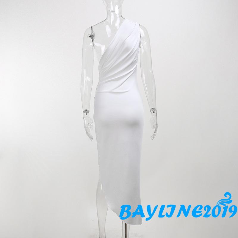BAY-Women Party Dress, Sleeveless One-shoulder Hollowed Slit Cocktail Beach Long Dress