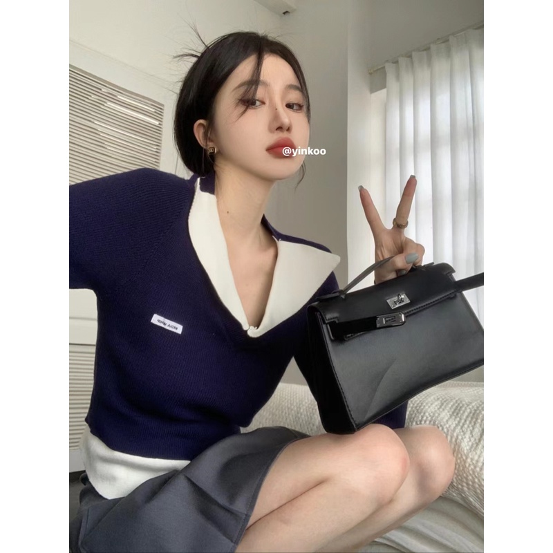 HUANG YOYO  Áo sweater Dệt Kim Mỏng Dáng Rộng Tay Dài Cổ Gấp Phong Cách Hàn Quốc Thời Trang Mùa Thu Cho Nữ