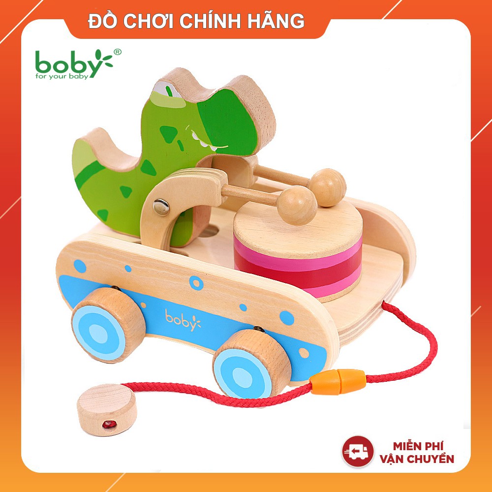Đồ chơi gỗ cho bé Xe kéo gỗ cá sấu gõ trống Boby