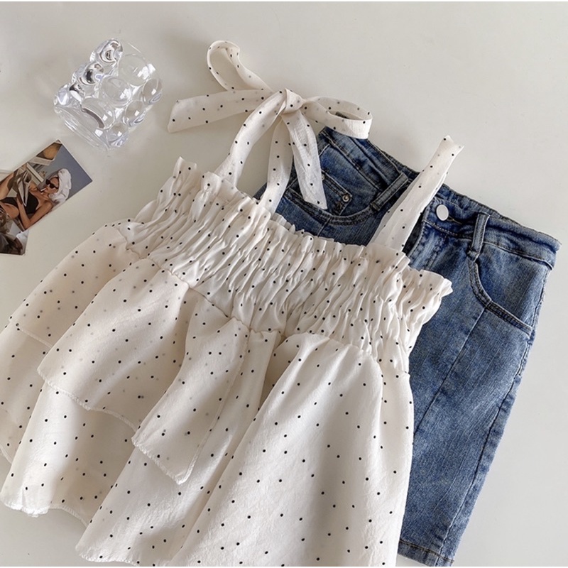 Áo Hai Dây Babydoll Chấm Bi Thắt Nơ Vai Xinh Xắn