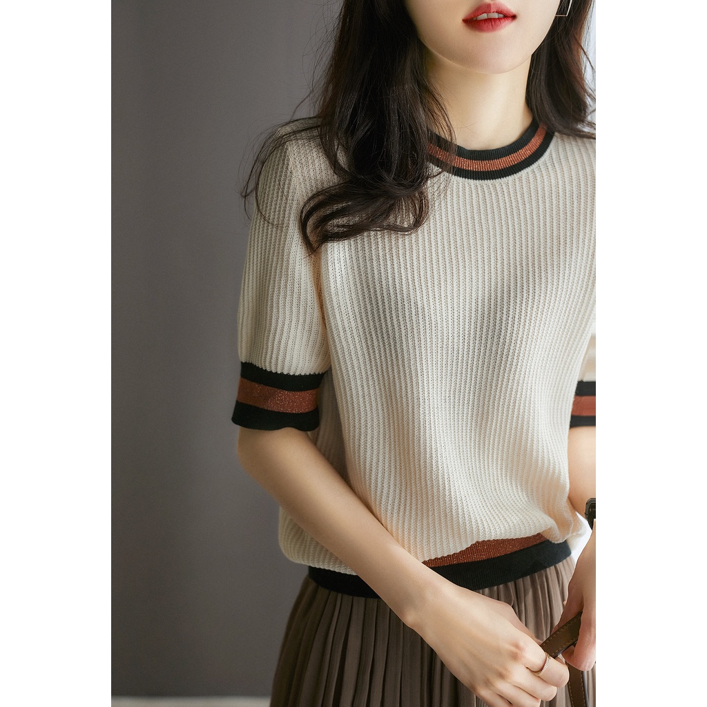 Thời Trang Áo Thun Dệt Kim Tay Ngắn In Hoa Phối Màu Tương Phản Dễ Thương