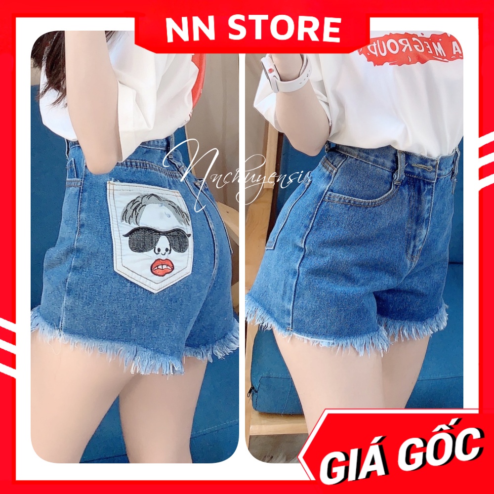 Quần short jean thêu hình cô gái dễ thương chất jean cao cấp SLT152
