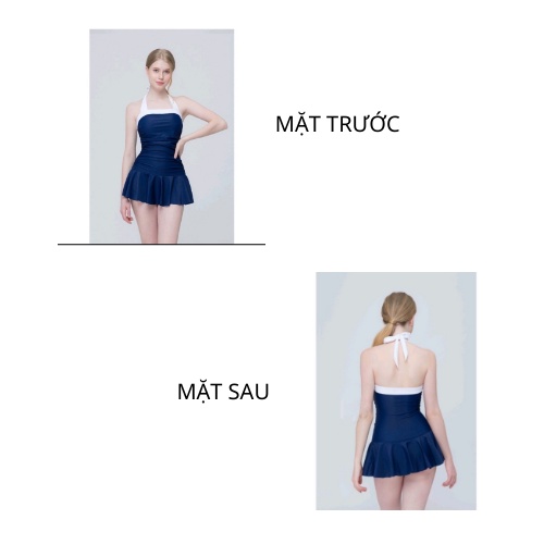 Bikini Đồ bơi nữ liền mảnh váy xòe nhún bụng màu xanh đen kín đáo KONKUN MS42