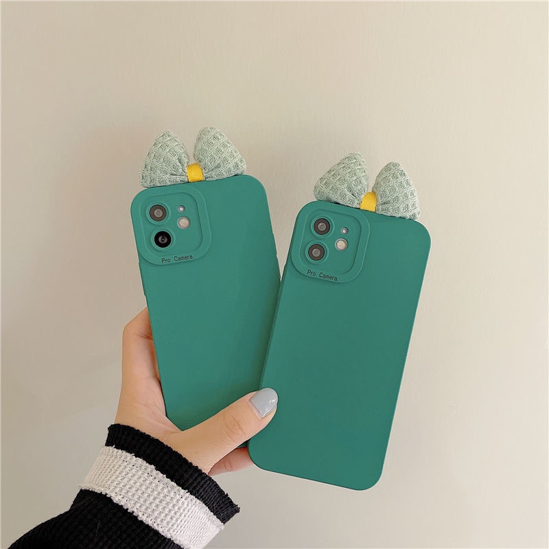 Ốp Điện Thoại Màu Xanh Lá Đính Nơ DIY Cho iPhone 13 Pro Max 12 Pro Max 11 Pro Max 7 8 Plus SE 2020 X Xs Max XR