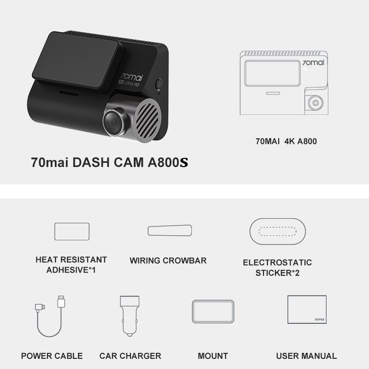 Camera hành trình ô tô thương hiệu Xiaomi 70mai, Bản Quốc Tế cao cấp A800S, 4K, Wifi