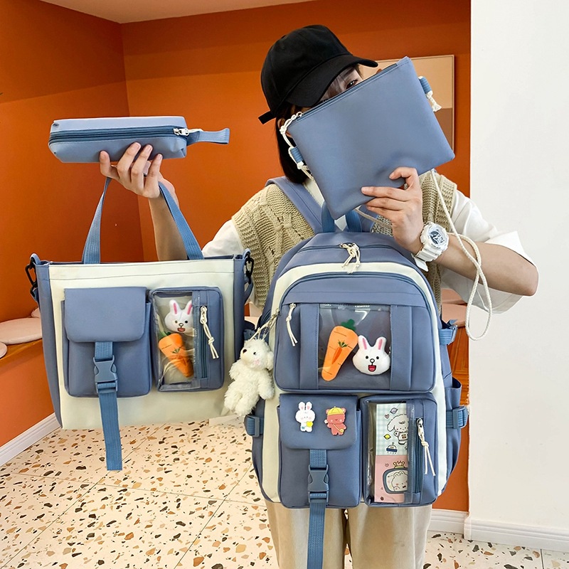 Set balo nữ 4 món cặp đi học Ulzzang vải bố ba lô học sinh cấp 1 2 3 thời trang hàn quốc set balo yhao - xuongbalotuongq
